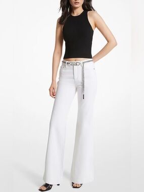 NWT Michael Kors High-Rise White Wide-Leg Jeans with Chain Belt